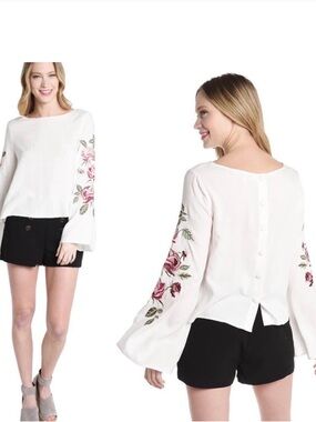 Cupcakes n Cashmere White Floral Embroidered Bell Sleeve Top